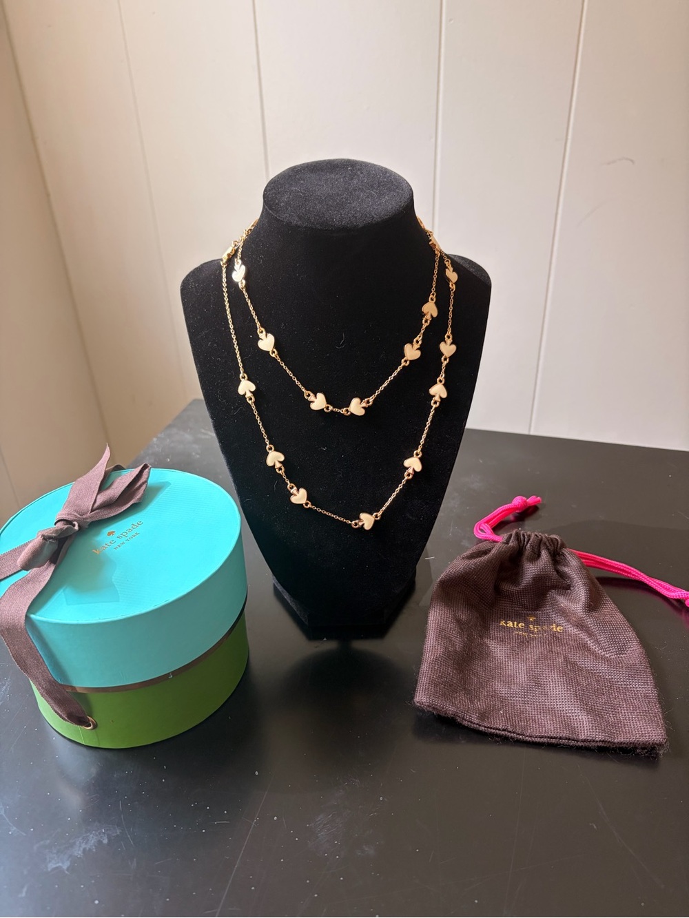 Kate Spade Gold Tone Spade Station Necklace Long Layering Necklace w Box